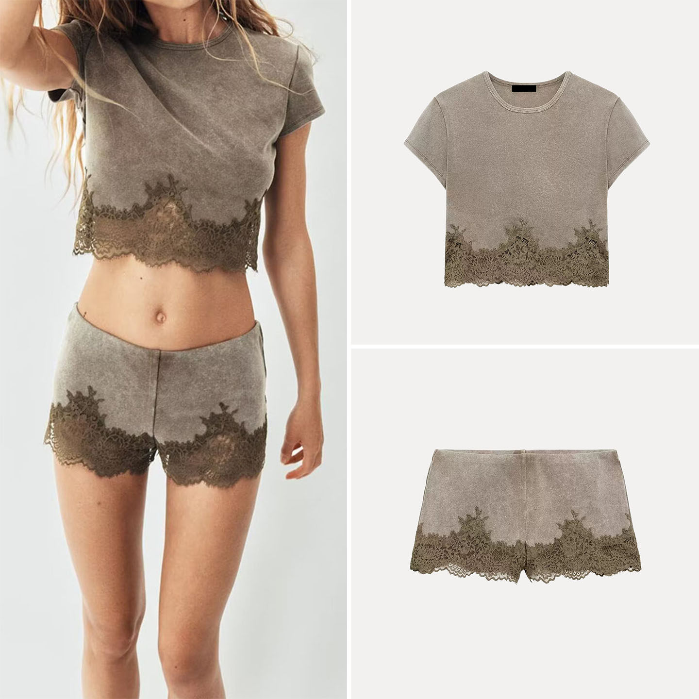 Womens Short Sleeve Lace Trim  - đánh giá và giá Wash Effect Set